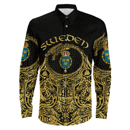 Sweden Odin Symbol Tattoo Gold Long Sleeve Button Shirt