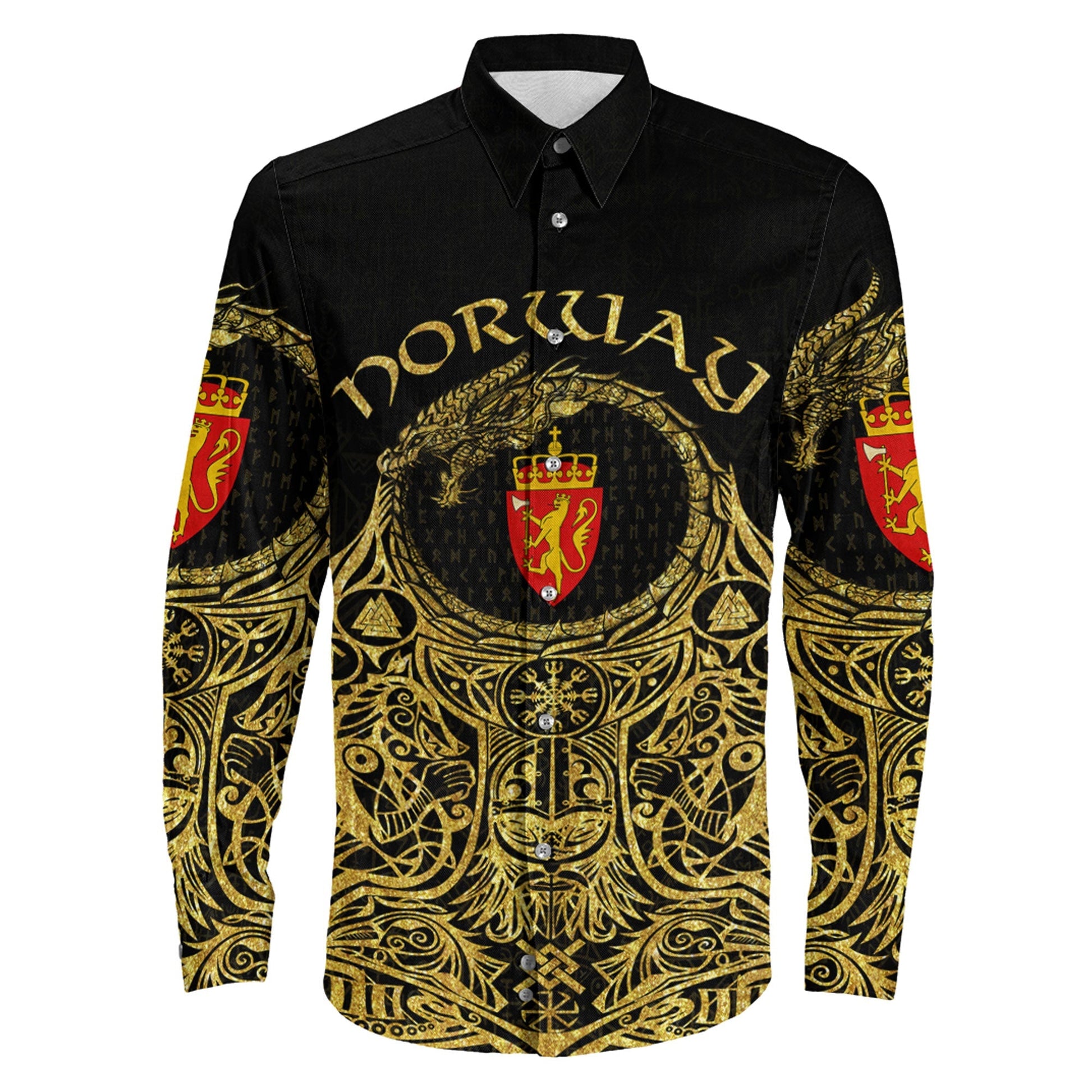 Norway Odin Symbol Tattoo Gold Long Sleeve Button Shirt
