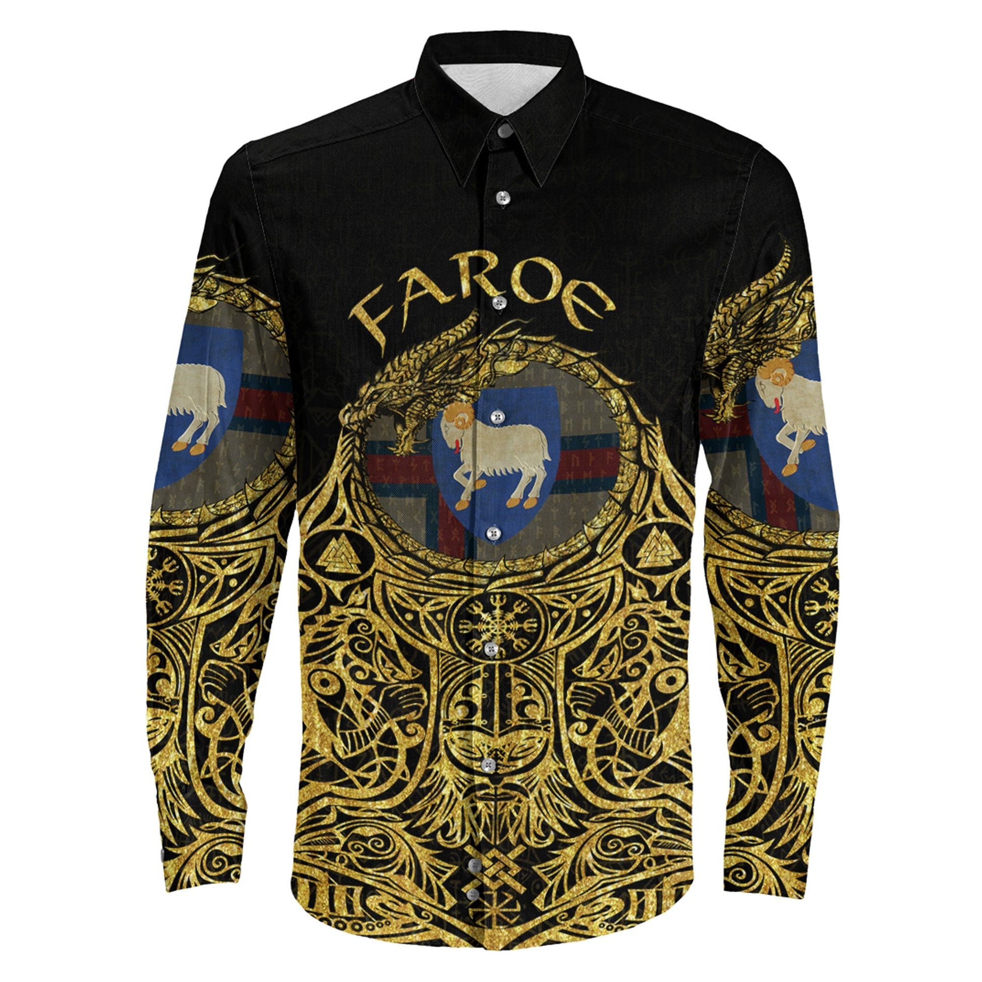 Faroe Odin Symbol Tattoo Gold Long Sleeve Button Shirt