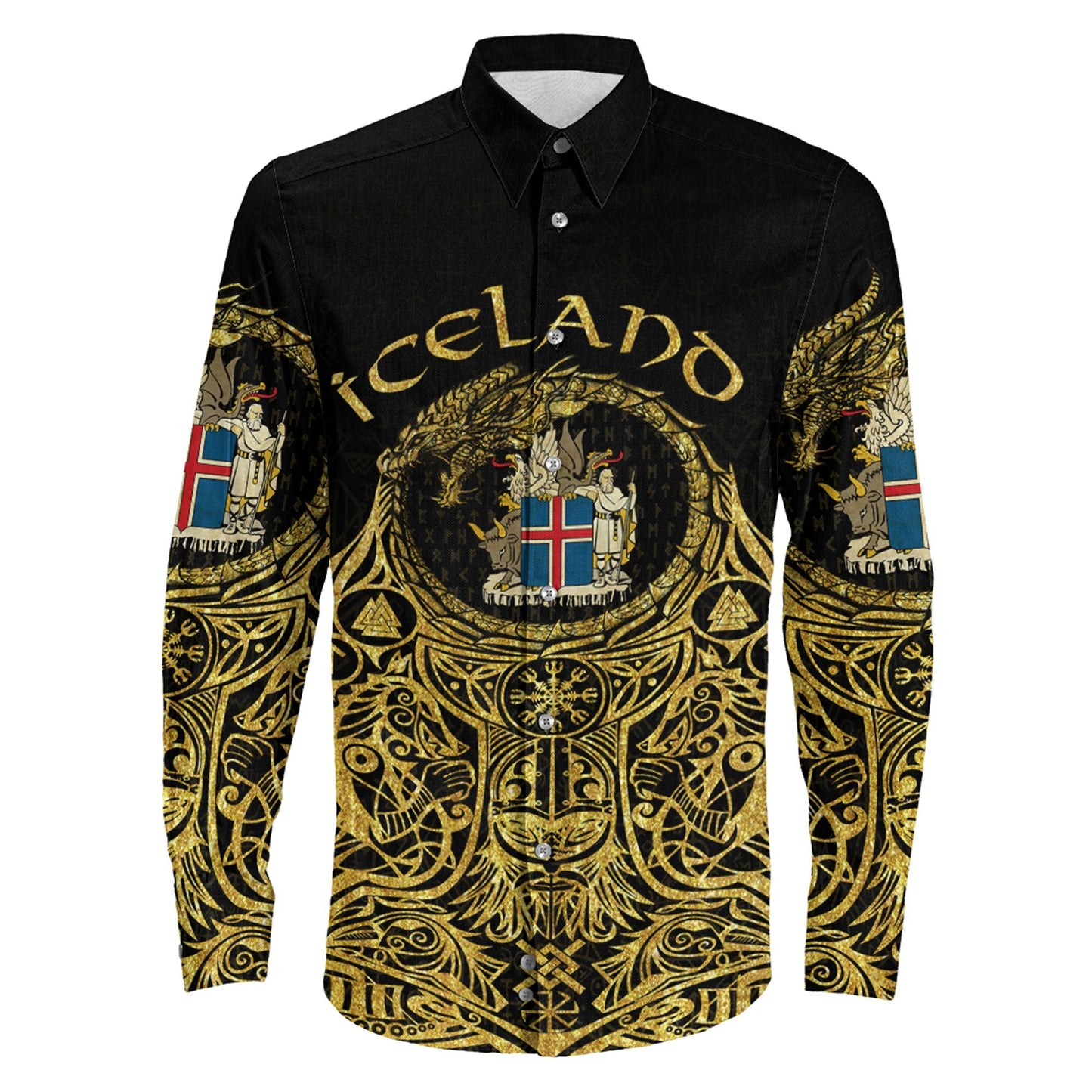 Iceland Odin Symbol Tattoo Gold Long Sleeve Button Shirt