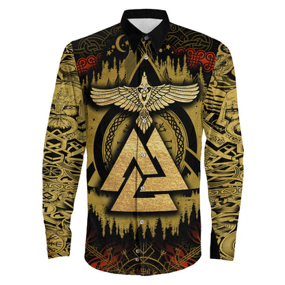 Raven and Valknut Celtic Knot Gold Style Long Sleeve Button Shirt