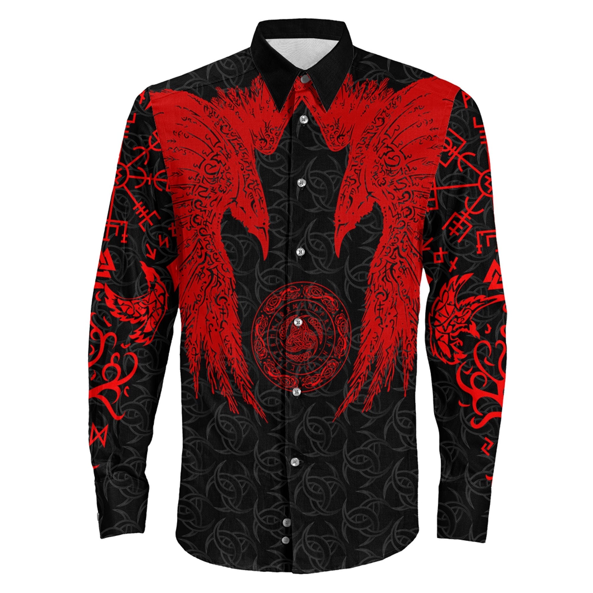 Red Raven and Horn of Odin Long Sleeve Button Shirt