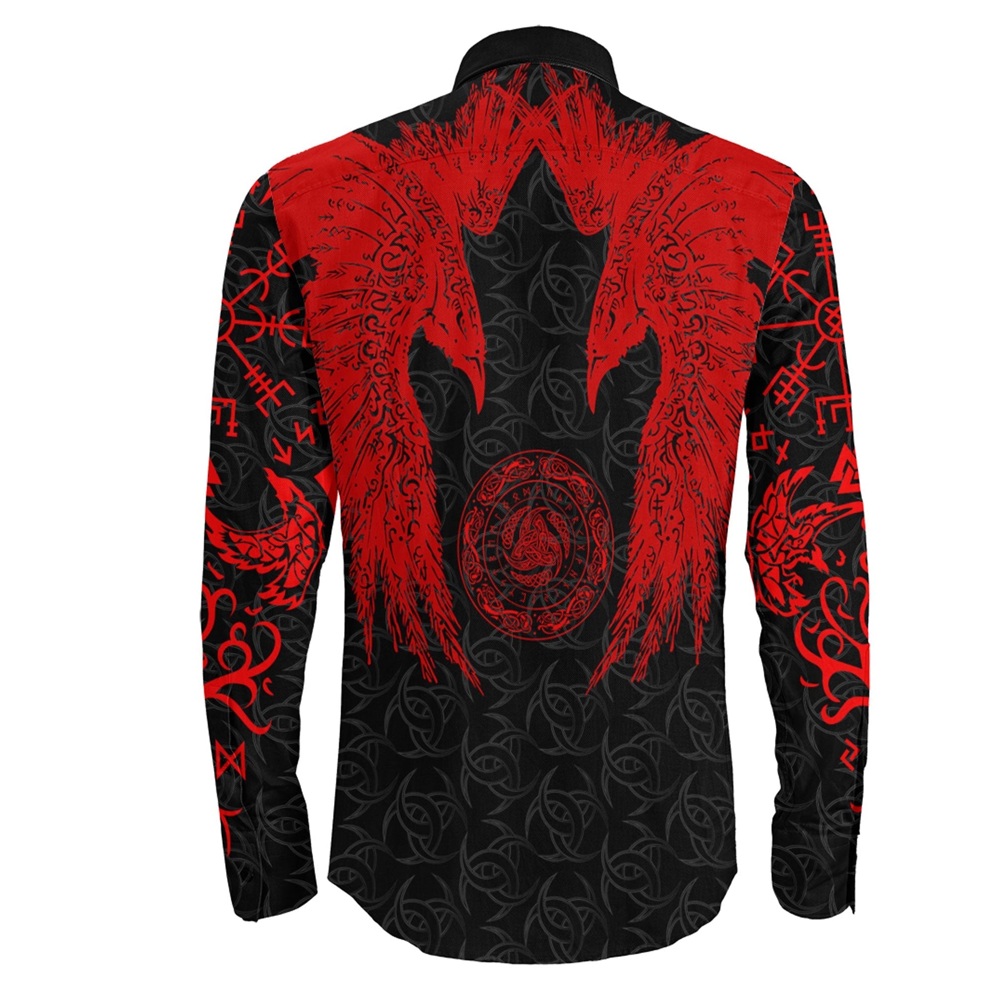 Red Raven and Horn of Odin Long Sleeve Button Shirt
