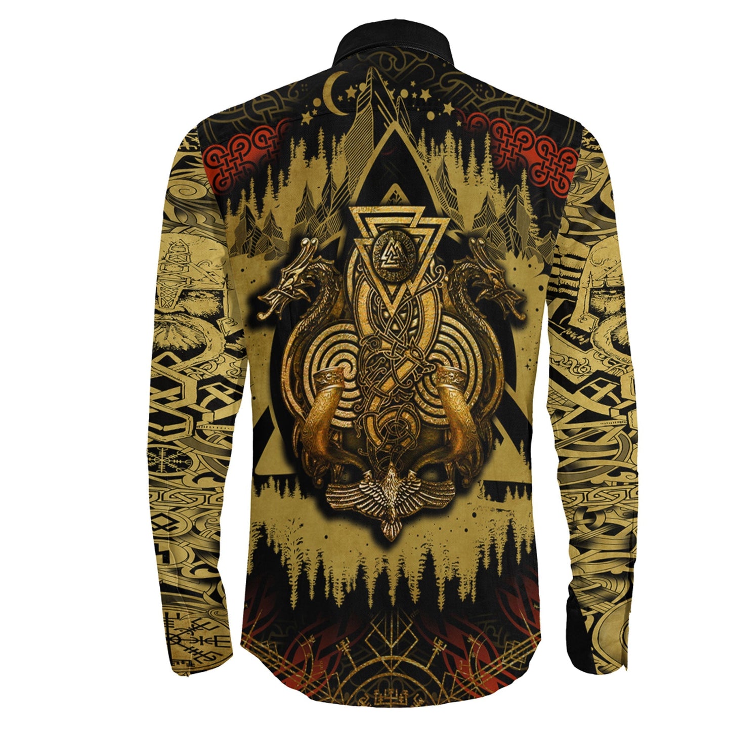 Raven and Valknut Celtic Knot Gold Style Long Sleeve Button Shirt