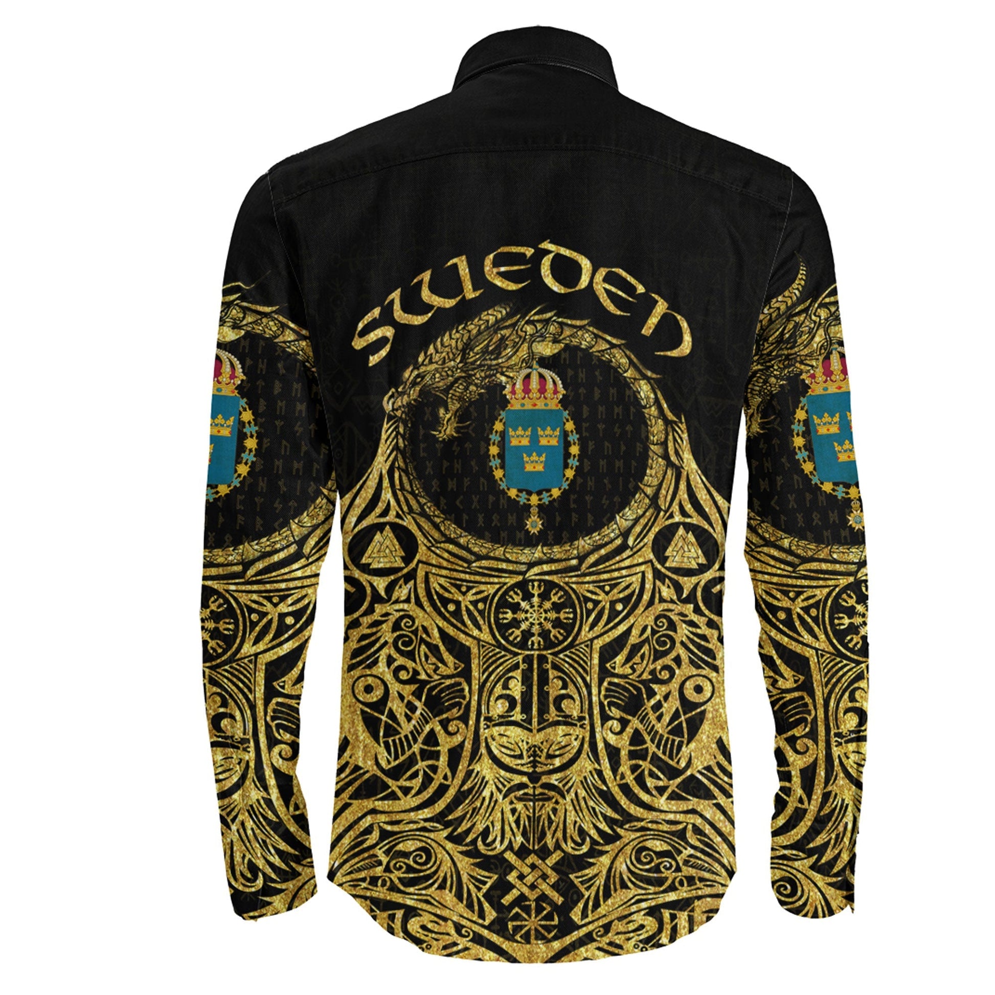 Sweden Odin Symbol Tattoo Gold Long Sleeve Button Shirt