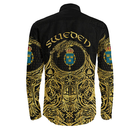 Sweden Odin Symbol Tattoo Gold Long Sleeve Button Shirt