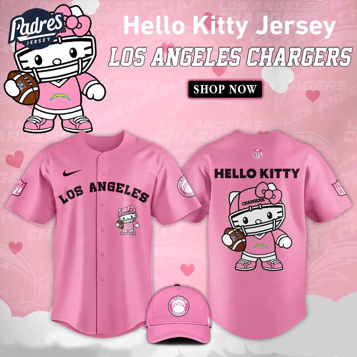 Los Angeles Chargers Hello Kitty Pink NFL Baseball Jersey - Padres Jersey Oasis: Elevate Your Baseball Style Game