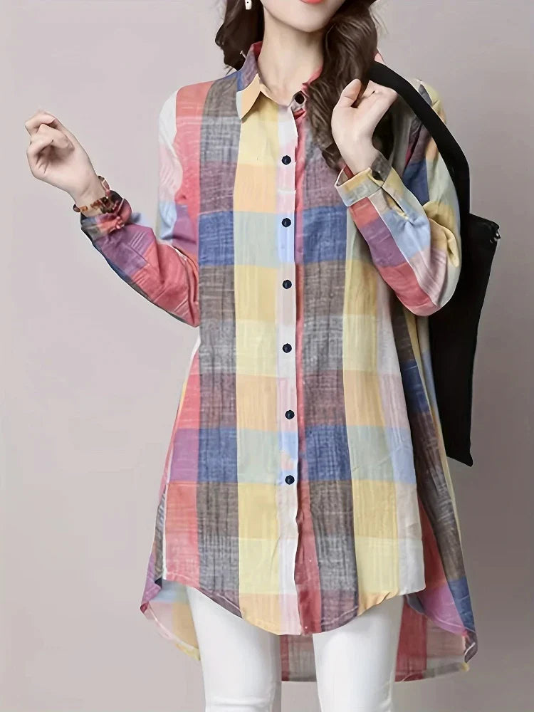 Plus-Size Women’s Blouse 2025 – Loose Vintage Stripe Plaid Lightweight Long-Sleeve Travel Shirt, Elegant Korean-Style Top