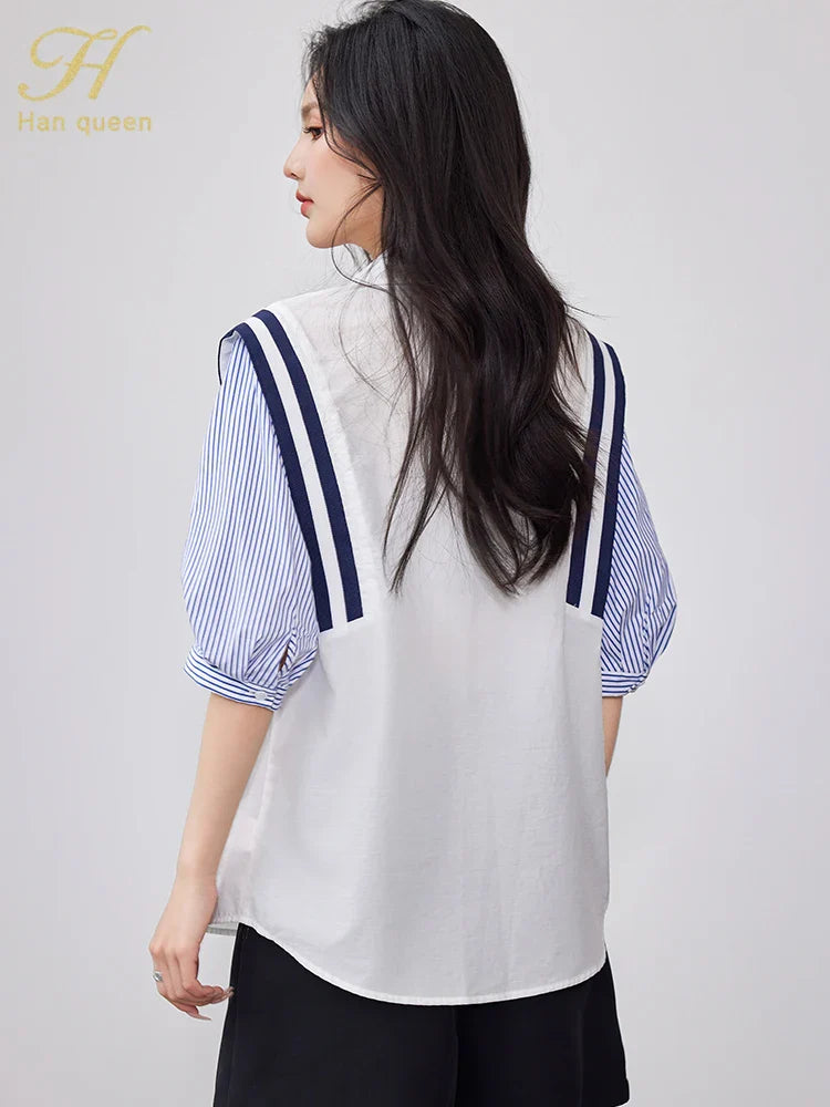 Summer Korean Women’s Colorblock Striped Chiffon Blouse – Vintage Short-Sleeve Casual Office Shirt