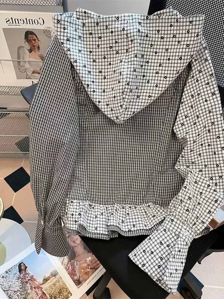 Women’s Grey Mesh Hooded Long-Sleeve Top – Y2K American High Street 2000s Retro College Fashion Shirt