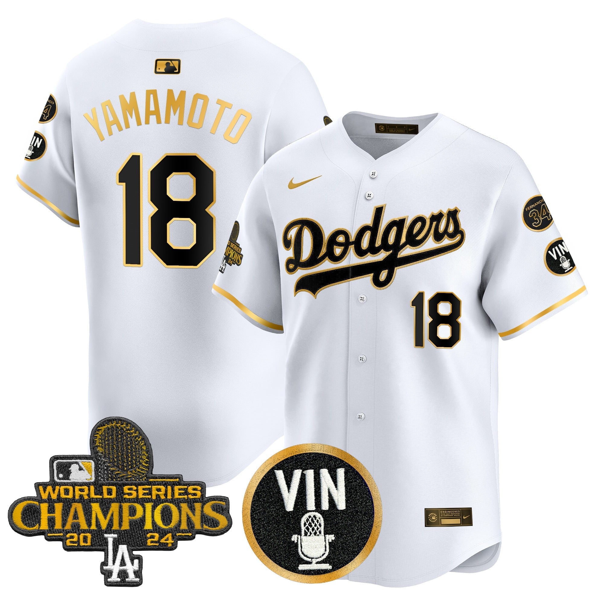 Men's Dodgers 2025 Vin Scully & #34 Fernando Patch Gold Vapor Premier Limited Jersey - All Stitched