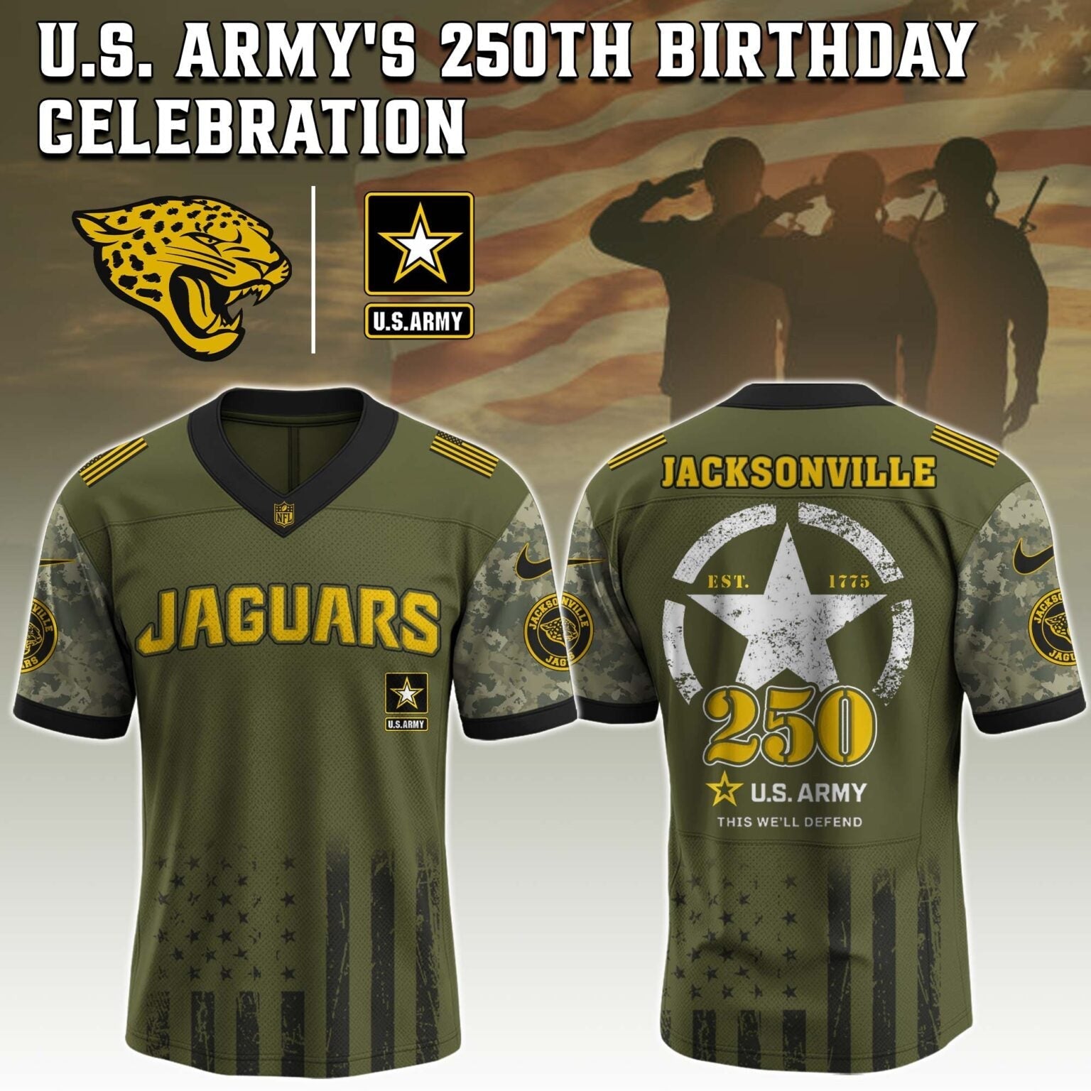 Jacksonville Jaguars NFL x U.S. ARMY'S 250TH Birthday Special Edition Jersey