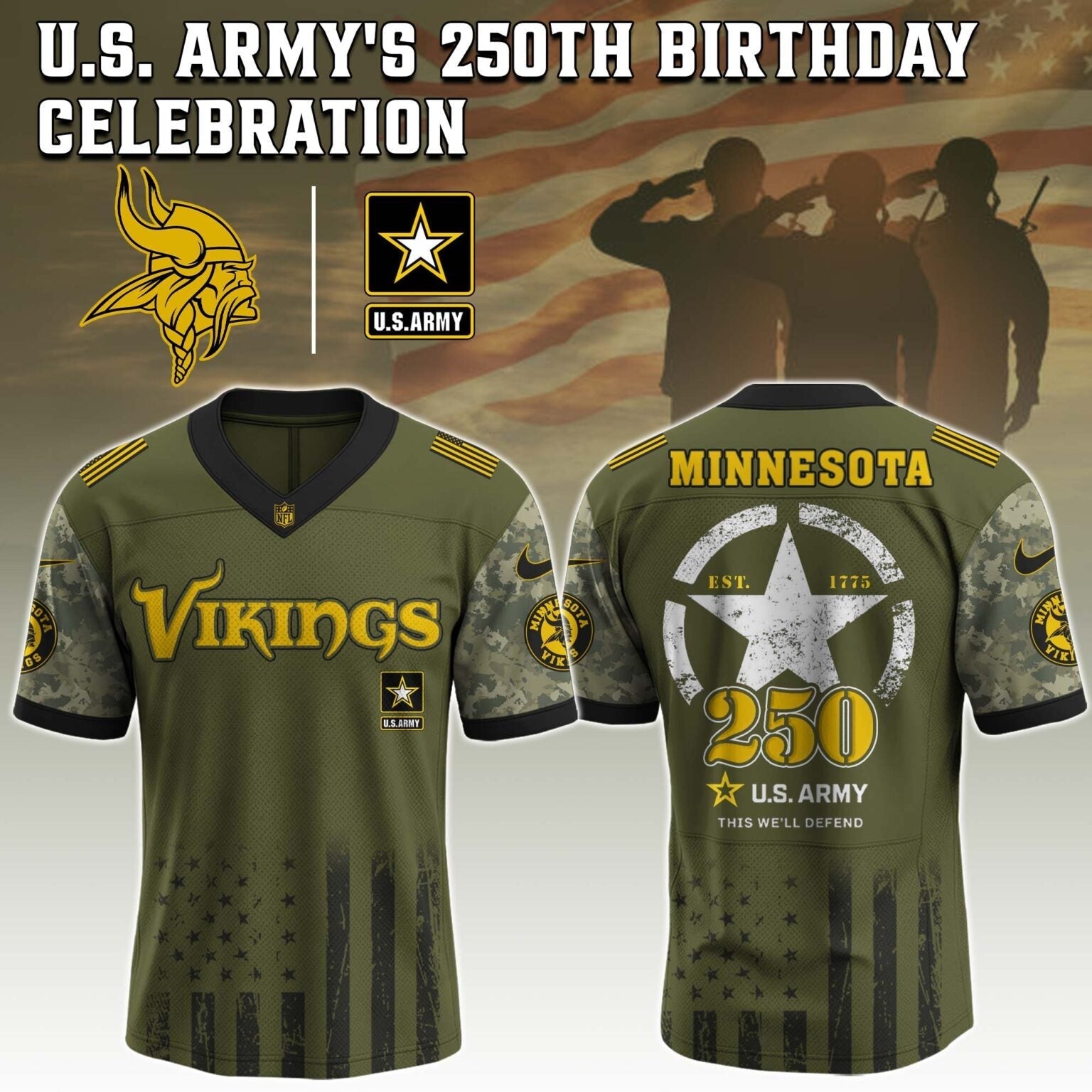 Minnesota Vikings NFL x U.S. ARMY'S 250TH Birthday Special Edition Jersey