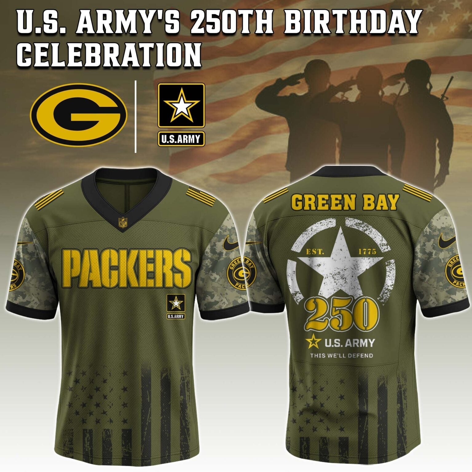 Green Bay Packers NFL x U.S. ARMY'S 250TH Birthday Special Edition Jersey