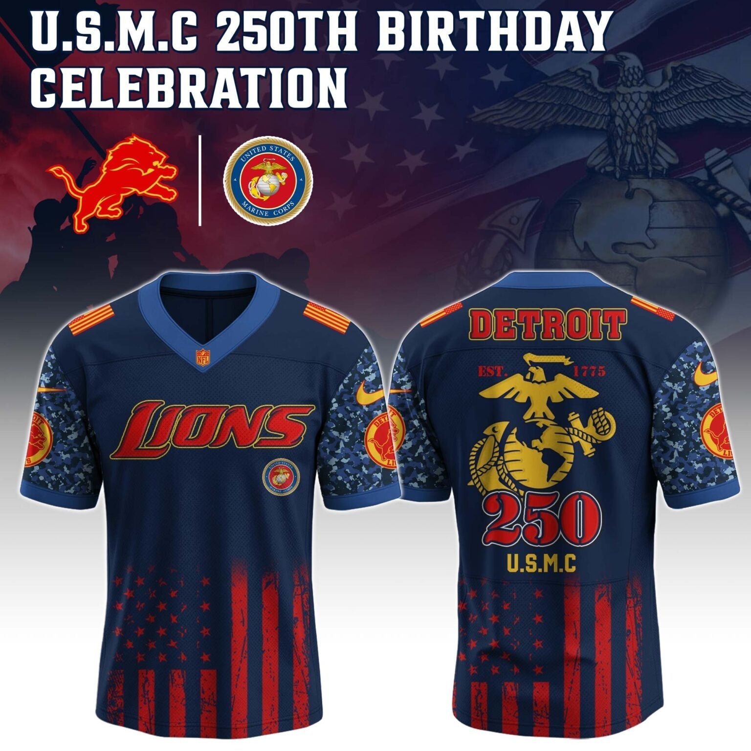 Detroit Lions NFL x U.S.M.C 250TH Birthday Special Edition Jersey